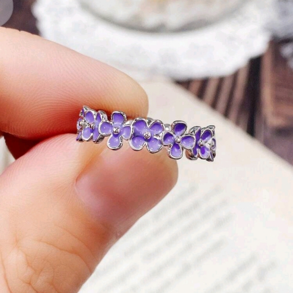 Flowers Sterling Silver Ring - Size 7 & 8 (PINK, BLUE & PURPLE) - Picture 3 of 16